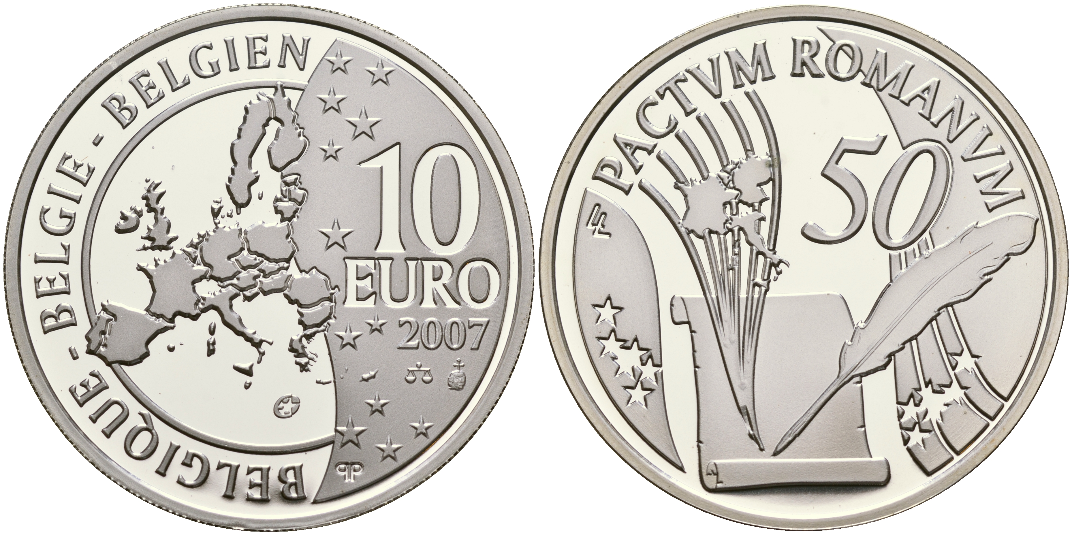 Бельгия 10 евро 2007 50 лет Римскому договору KM 260 серебро PROOF 01-165-44