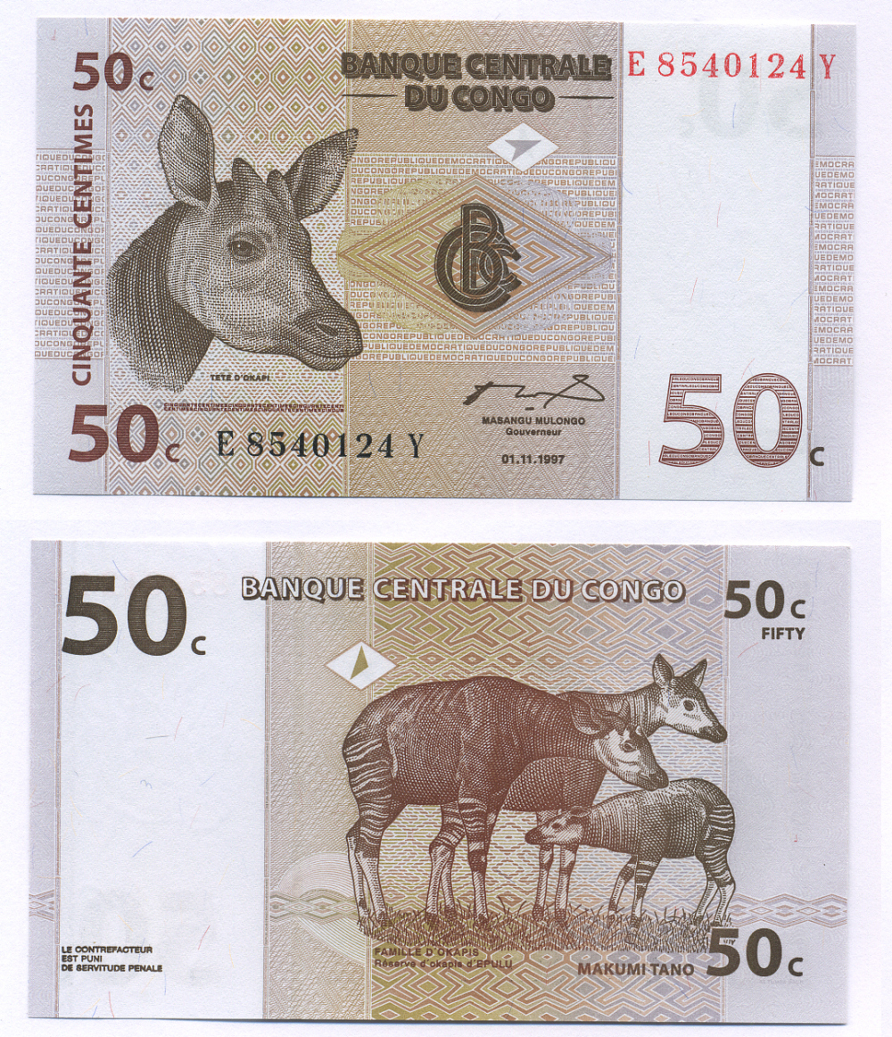 ДР Конго 50 сантимов 1997 окапи, резервация Эпулу Pick 84 a бумага UNC (пресс) 7547-59-3