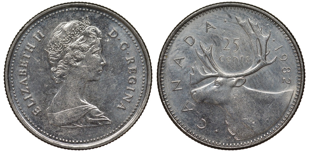 Канада 25 центов 1982 Елизавета II (1952-2022), олень карибу, второй портрет в короне KM 74 никель 4128-653