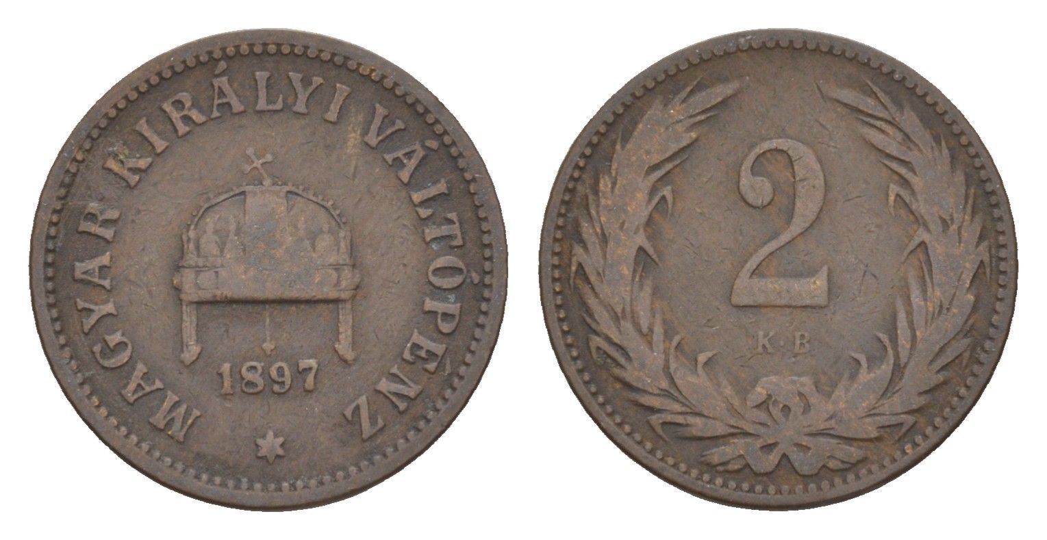 Венгрия 2 филлера 1897 KB, Франц Иосиф (1848-1916) KM 481 бронза 4658-324