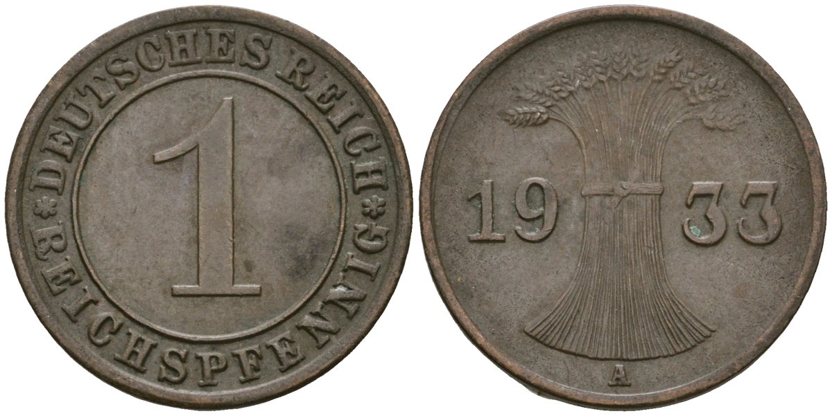 Германия 1 рейхспфенниг 1933 A KM 37, J. 313 бронза 4189-1211