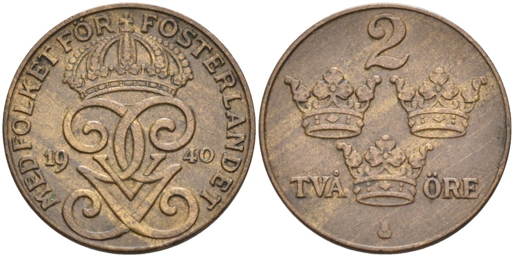 Швеция 2 эре 1940 Густав V (1907-1950) KM 778 бронза 68-1212