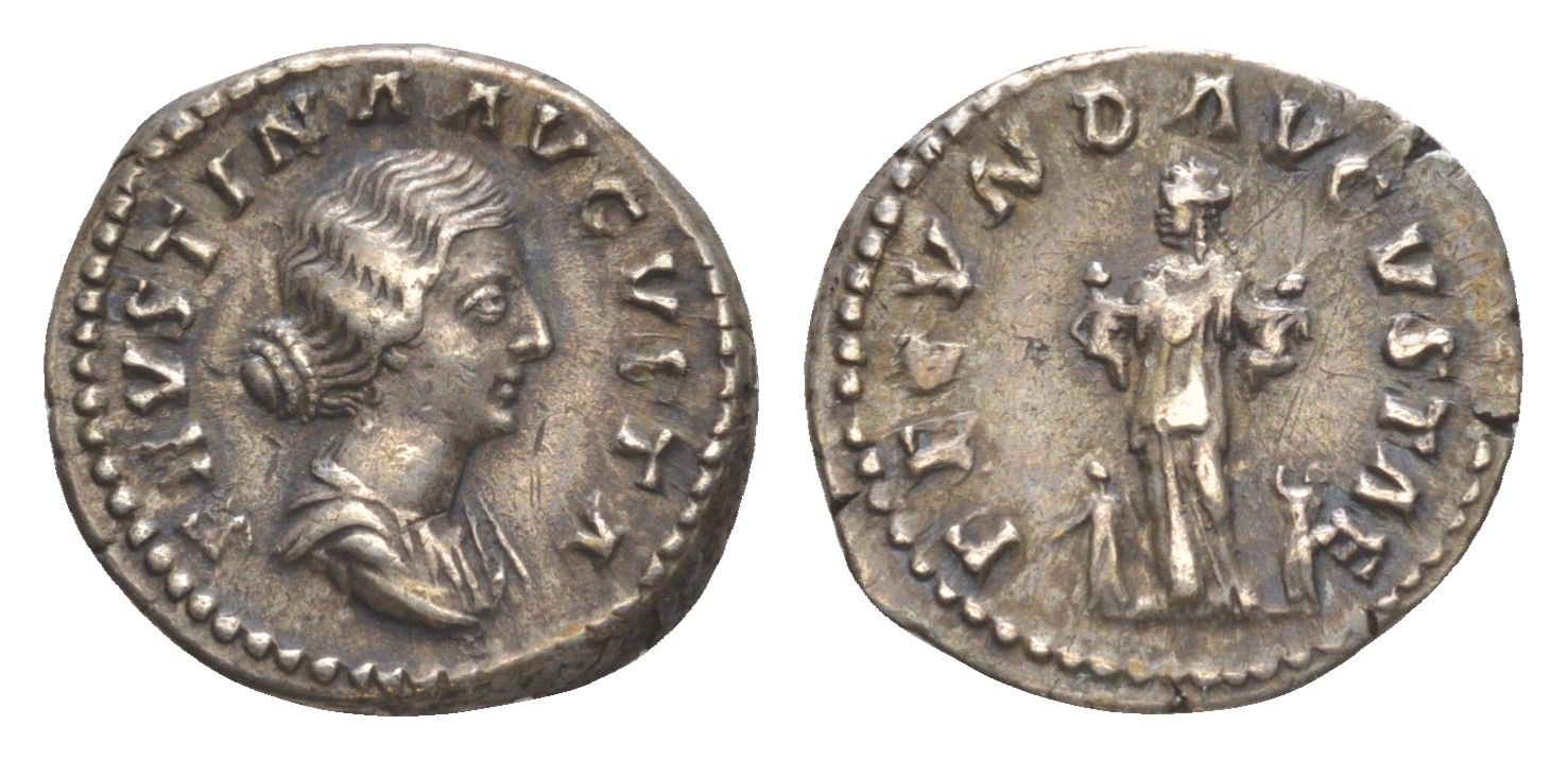 Римская Империя денарий 161 Фаустина Младшая, жена Марка Аврелия, FAVSTINA AVGVSTA, бюст императрицы/FECVND AVGVSTAE, Фекундитата, персонификация Плодовитости, с черырьмя детьми, Рим RIC 676 серебро 1073-4-63