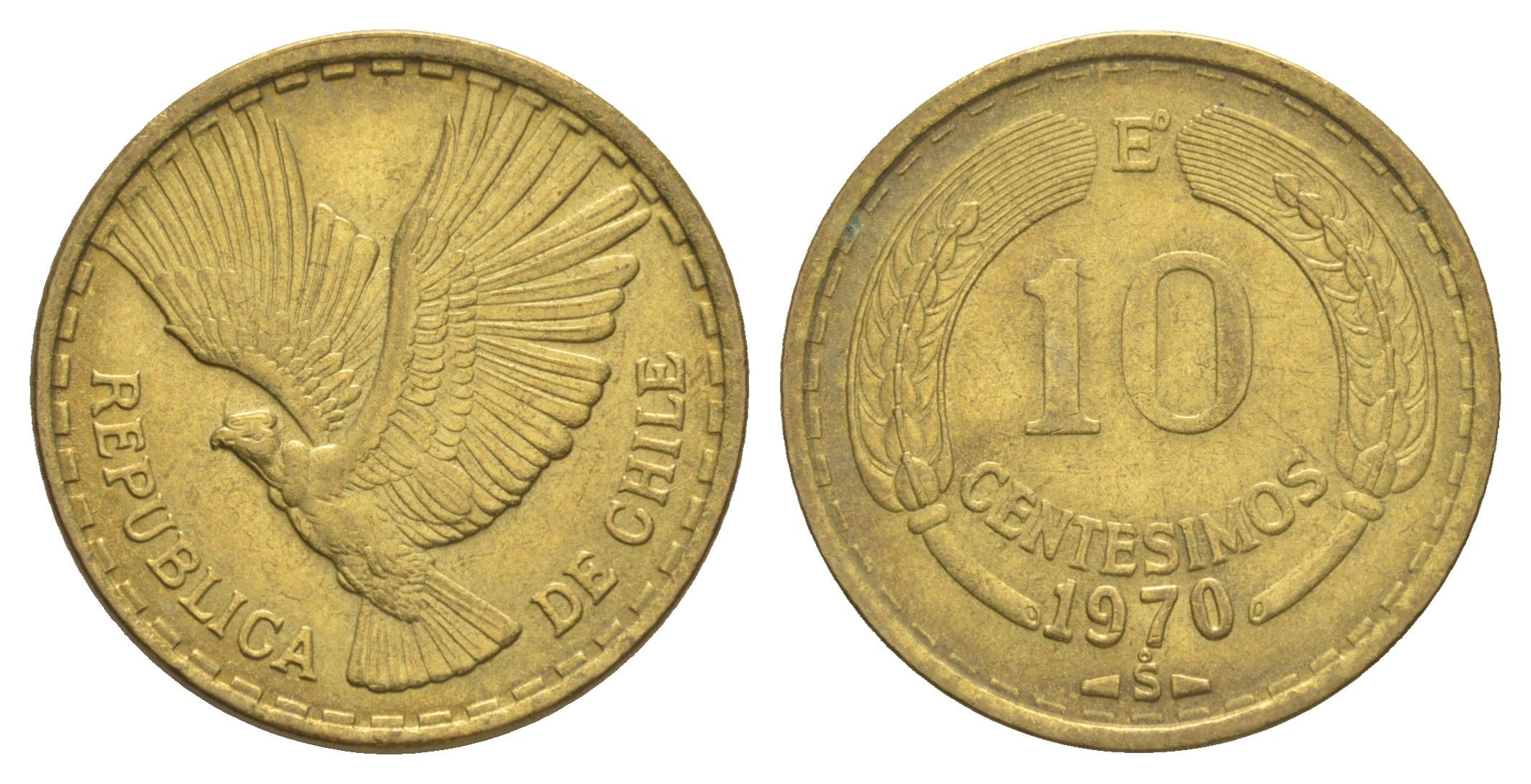 Чили 10 сентесимо 1970 KM 191 алюминиевая бронза aUNC 4620-123