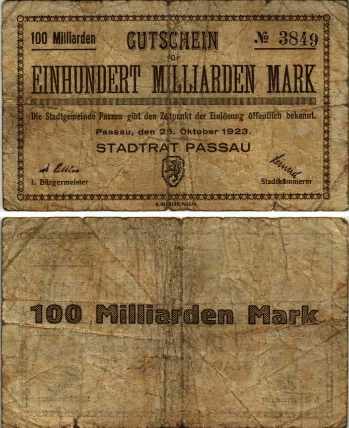 ПАССАУ 100000000000 МАРОК 1923 НОТГЕЛЬД, 25 ОКТЯБРЯ 1923, ЗЕМЛЯ БАВАРИЯ бумага 8564-46-4