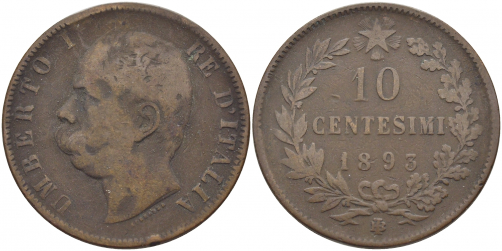 ИТАЛИЯ 10 ЧЕНТЕЗИМО 1893 B/I, УМБЕРТО I (1878-1900) KM 27.1 медь 114-632