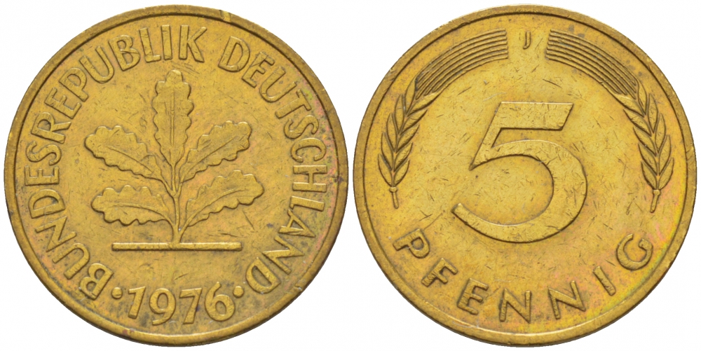 ФРГ 5 ПФЕННИГОВ 1976 J KM 107, J.382 сталь плакированная латунью 4396-1639