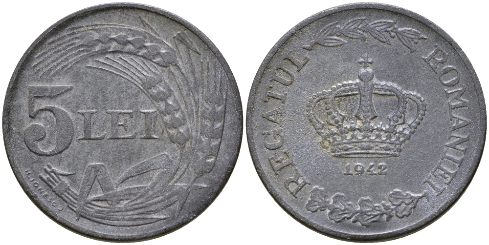 РУМЫНИЯ 5 ЛЕЙ 1942 МИХАЙ I (1940-1947), ВТОРАЯ МИРОВАЯ ВОЙНА KM 61 цинк 89-346