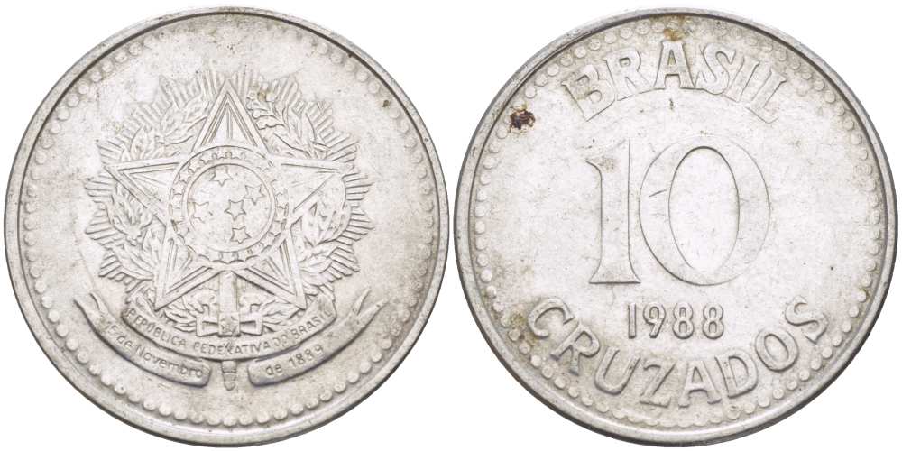 Бразилия 10 крузадо 1988 реформа 1986-1989 KM 607 нержавеющая сталь 210-536