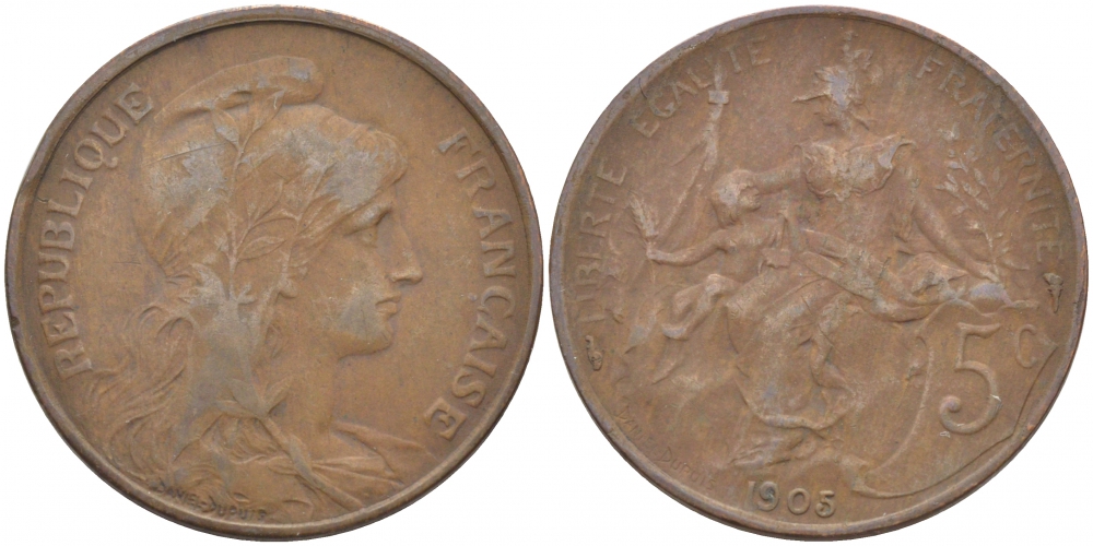 ФРАНЦИЯ 5 САНТИМОВ 1905 ТИП ДАНИЭЛЬ ДЮПЮИ KM 842, LE FRANC 119.15 бронза 3856-345