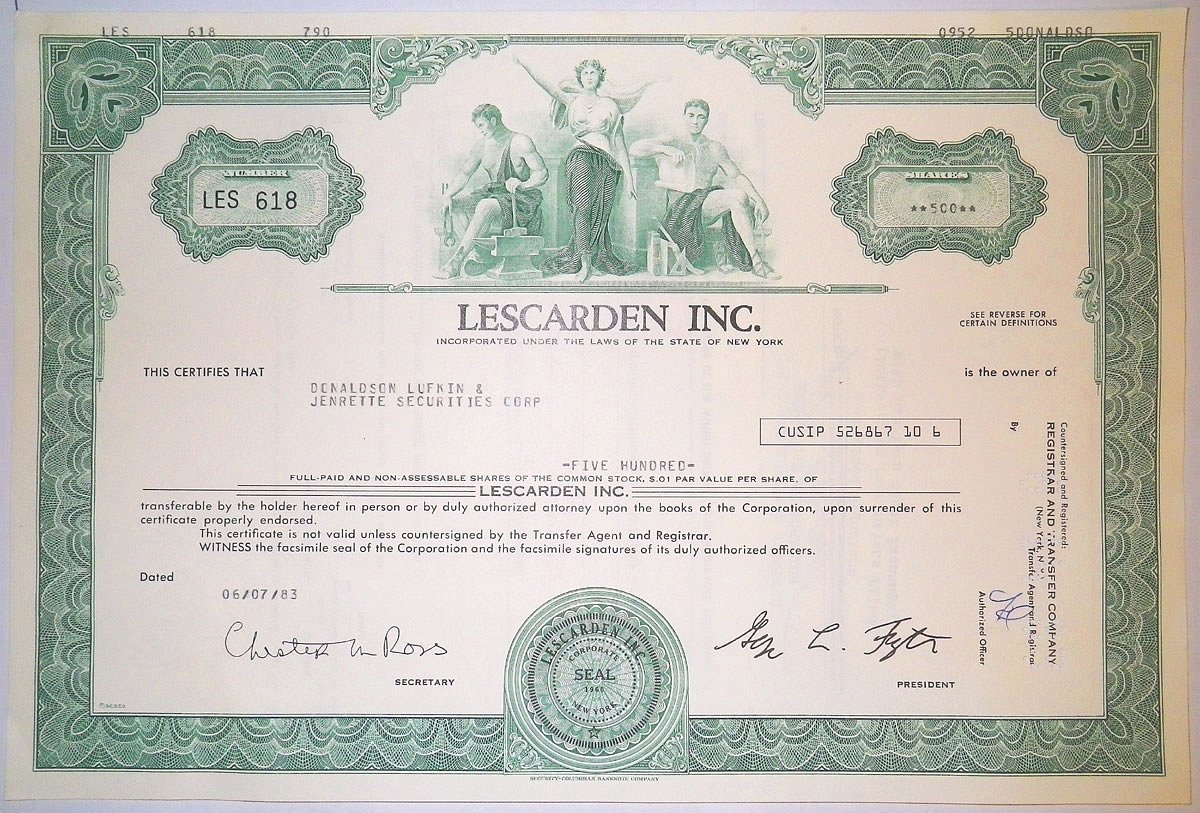 США, Lescarden Inc. 500 акций 1983 бумага 8805-73-1