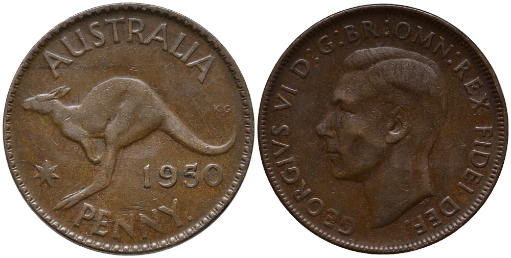 АВСТРАЛИЯ 1 ПЕННИ 1950 p, ГЕОРГ VI (1936-1952), КЕНГУРУ KM 43 бронза 32-634