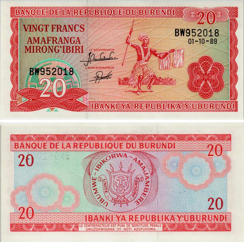 БУРУНДИ 20 ФРАНКОВ 1989 1 ОКТЯБРЯ 1989, ТАНЦОР Pick 27b бумага UNC (ПРЕСС) 7523-58-1-1