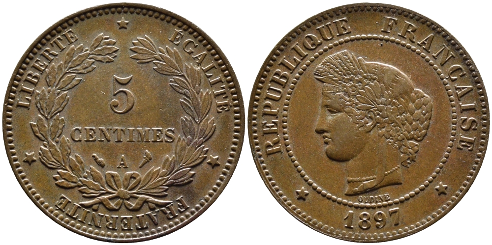 ФРАНЦИЯ 5 САНТИМОВ 1897 A, ТРЕТЬЯ РЕСПУБЛИКА (1871-1940) KM 821.1, LE FRANC 118.41 бронза 4393-1236