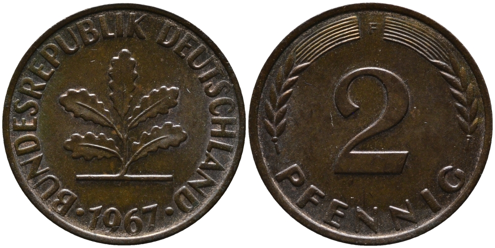 ФРГ 2 пфеннига 1967 F KM 106, J.381 бронза 99-152