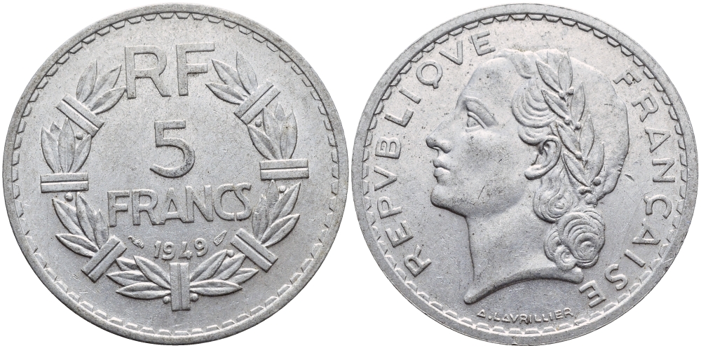Франция 5 франков 1949 тип Лаврийе KM 888b.1, LE FRANC 339.17 алюминий 74-733