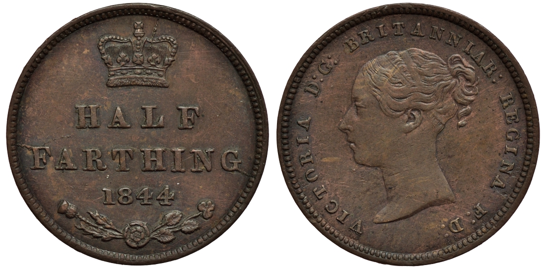 Великобритания 1/2 фартинга 1844 Виктория (1837-1901) KM 738, Spink 3951 медь 1523-811