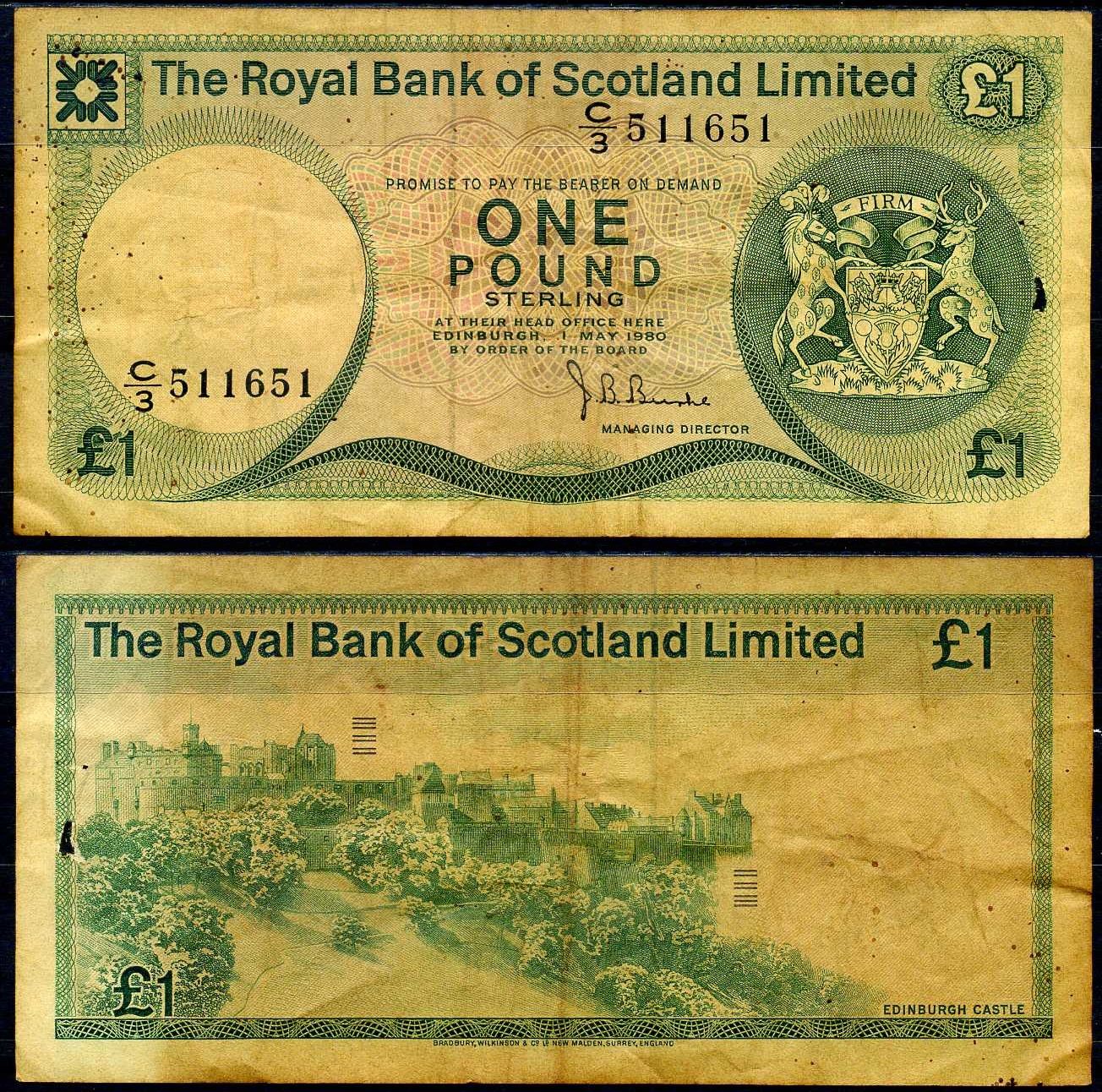 Шотландия 1 фунт 1980 редкий год Pick 336 a бумага 7222-15-3-2