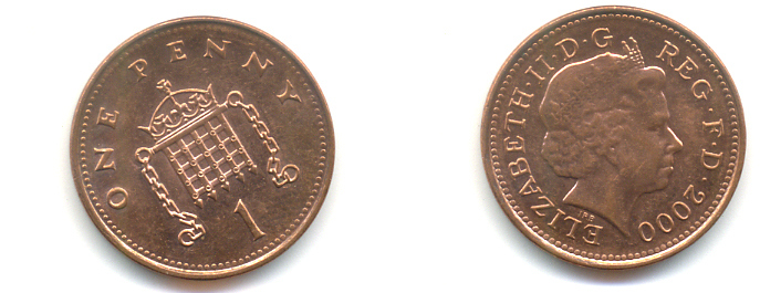 Великобритания 1 пенни 2000 Елизавета II (1952-2022) KM 986, Spink 4710 (B5) сталь плакированная медью UNC 89-545