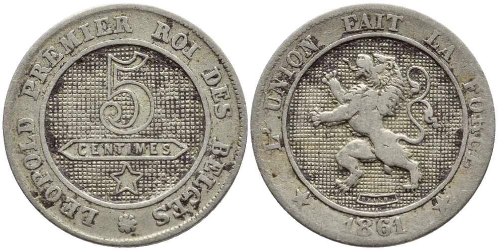 БЕЛЬГИЯ 5 САНТИМОВ 1861 BELGES KM 21 медно-никель 26-549