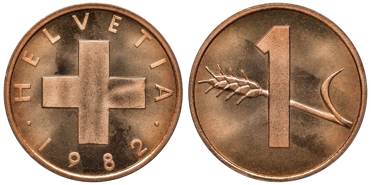Швейцария 1 раппен 1982 KM 46 бронза UNC M53-10