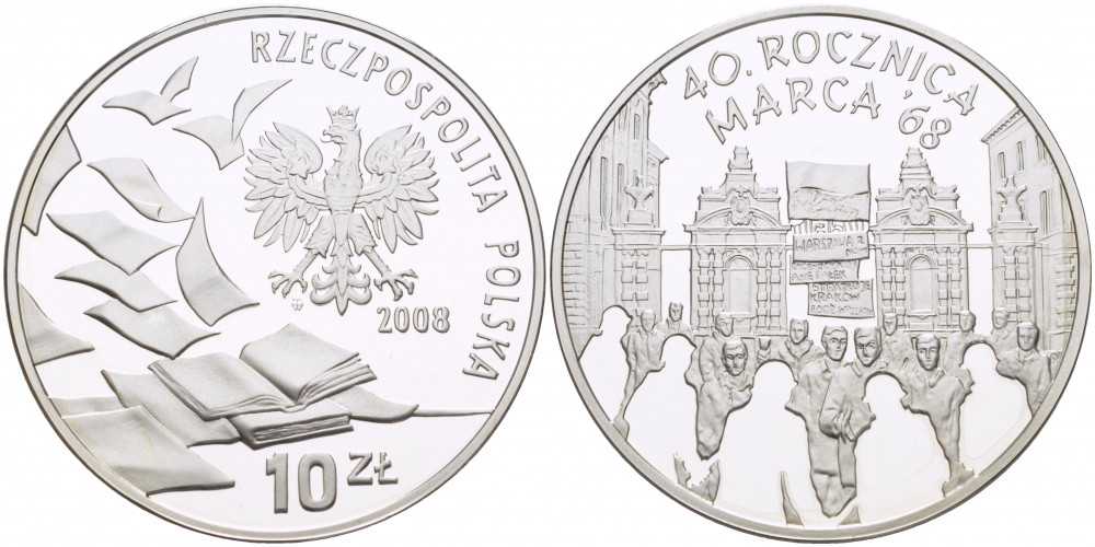 Польша 10 злотых 2008 40 лет студенческого марша 1968 года KM 632 серебро PROOF 1084-7-23