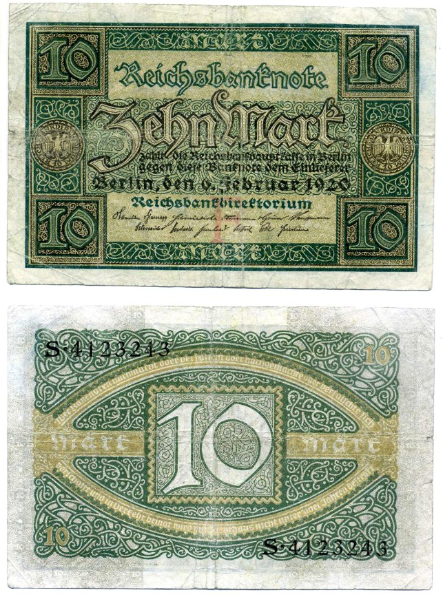 Германия 10 марок 1920 6 февраля 1920, Буква F, серия S, номер семизначный Pick 67а, Розенберг 63а бумага F-VF 6285-39-1-2