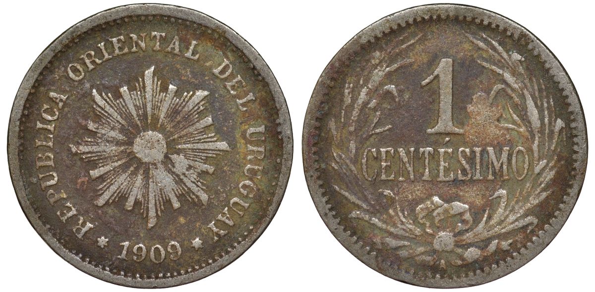 Уругвай 1 сентесимо 1909 KM 19 медно-никель 4169-565