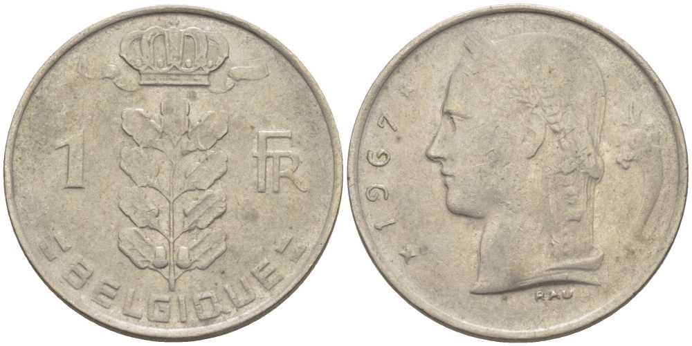 БЕЛЬГИЯ 1 ФРАНК 1967 BELGIQUE, БОДУЭН I (1951-1993) KM 142.1 медно-никель 119-457