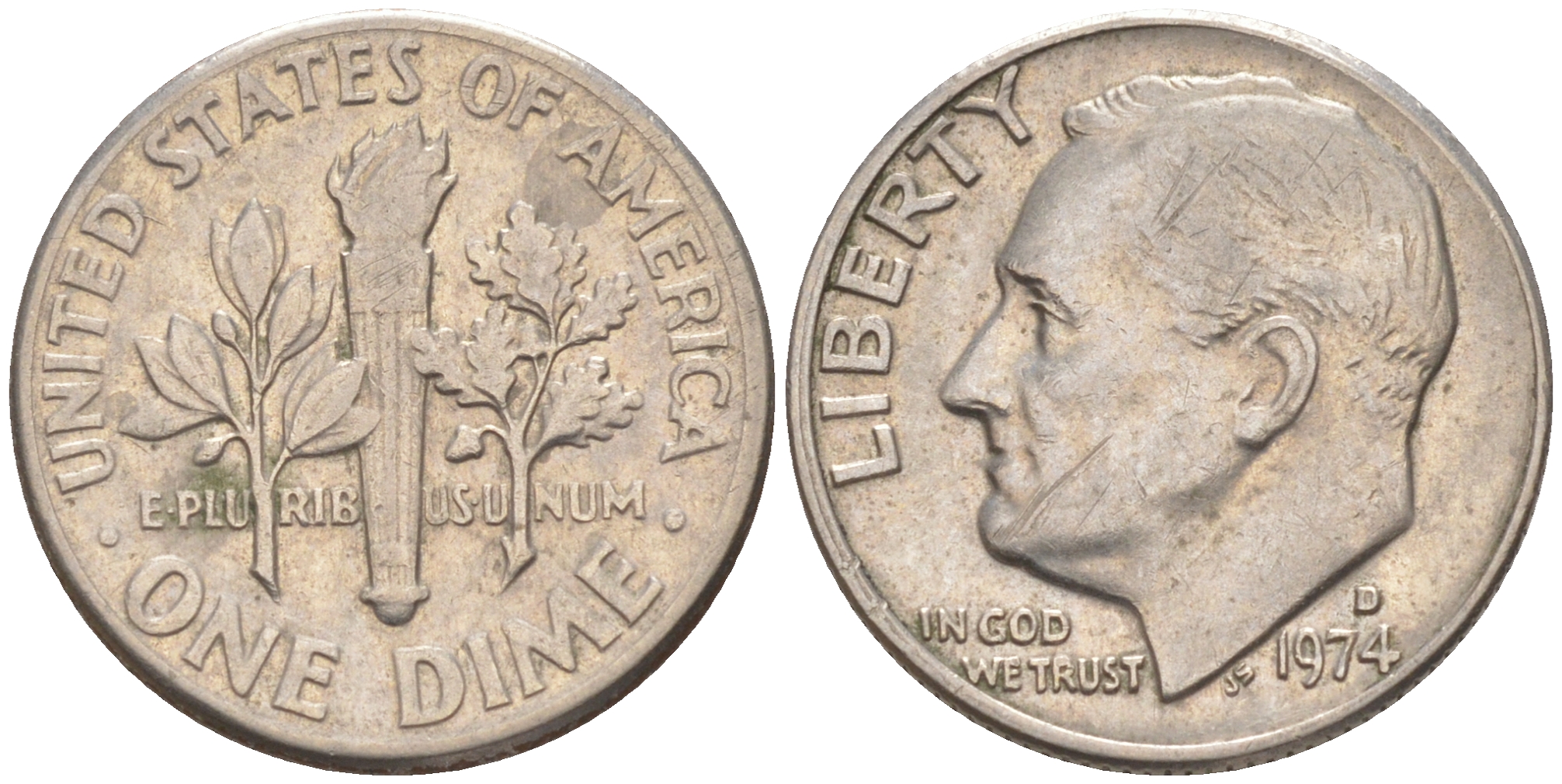 США 10 центов (дайм) 1974 D, Франклин Рузвельт KM 195а медь плакированная медно-никелем 187-1051