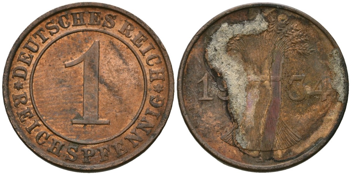 Германия 1 рейхспфенниг ND (1924-1936) KM 37, J. 313 бронза 4608-259