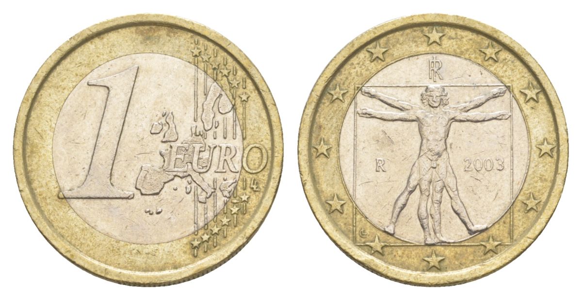 Италия 1 евро 2003 Витрувианский человек KM 216 биметалл 4629-427