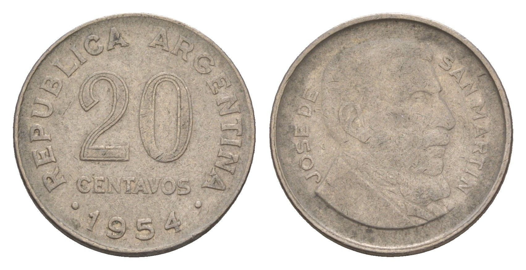 Аргентина 20 сентаво 1954 KM 52 сталь плакированная никелем 4655-1028