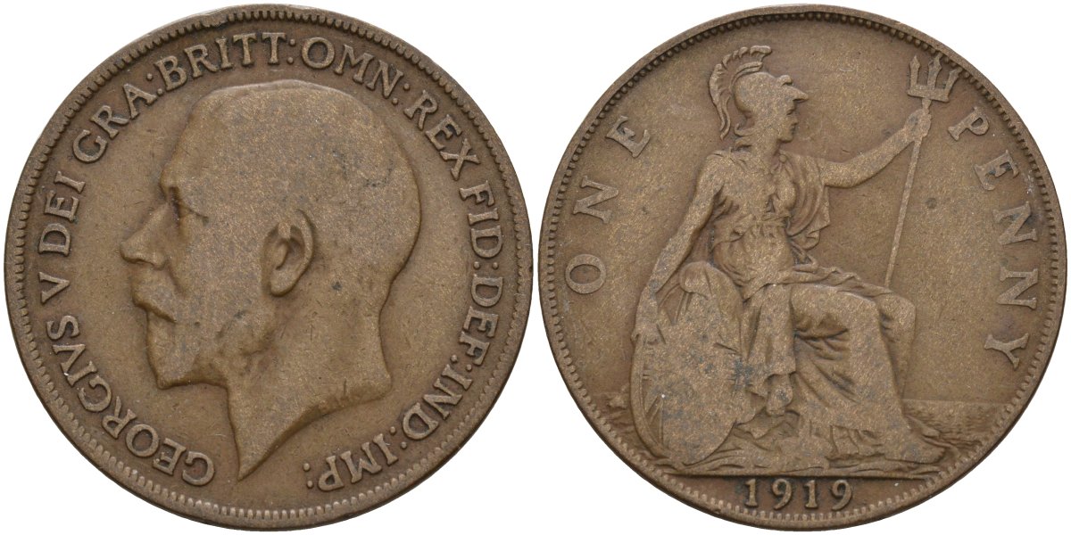 Великобритания 1 пенни 1919 Георг V (1910-1936) KM 810, Spink 4051 бронза 4144-824