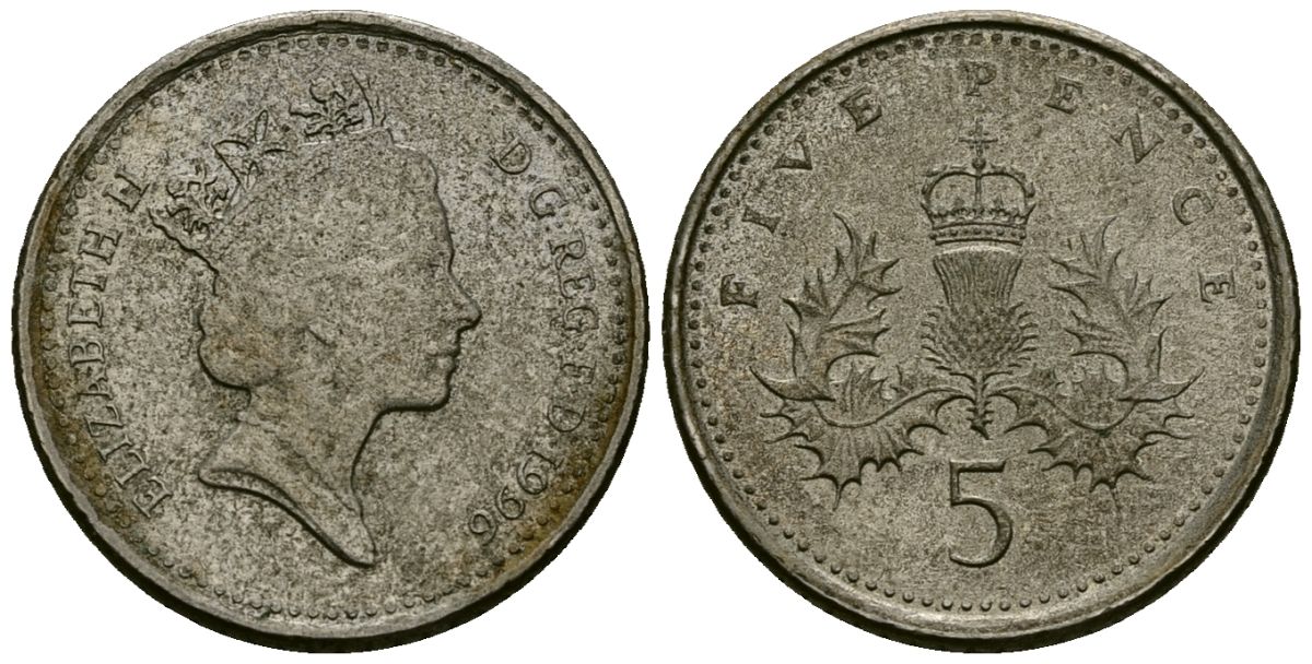 Великобритания 5 пенсов 1996 Елизавета II (1952-2022) KM 937b, Spink 4372 (D4) медно-никель 4173-1246