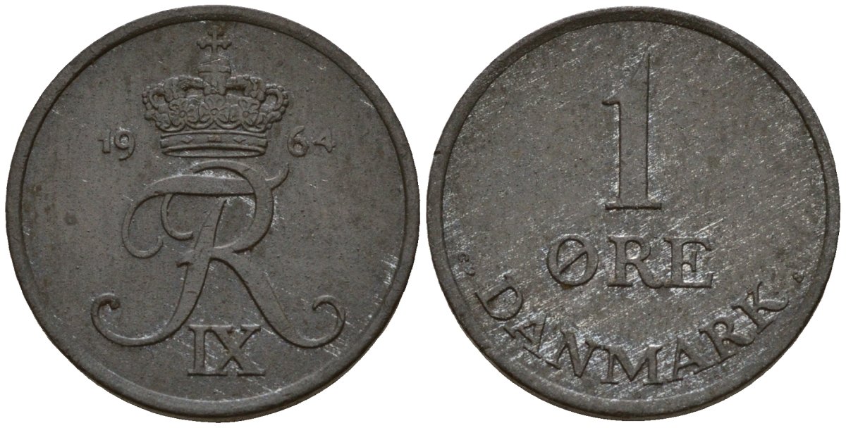 Дания 1 эре 1963 N; S, Фредерик IX (1947-1972) KM 839 цинк 4154-1164