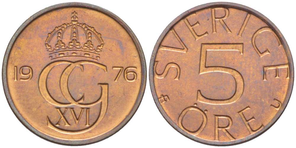 Швеция 5 эре 1976 U, Карл XVI Густав (1973- ) KM 849 бронза 4516-434