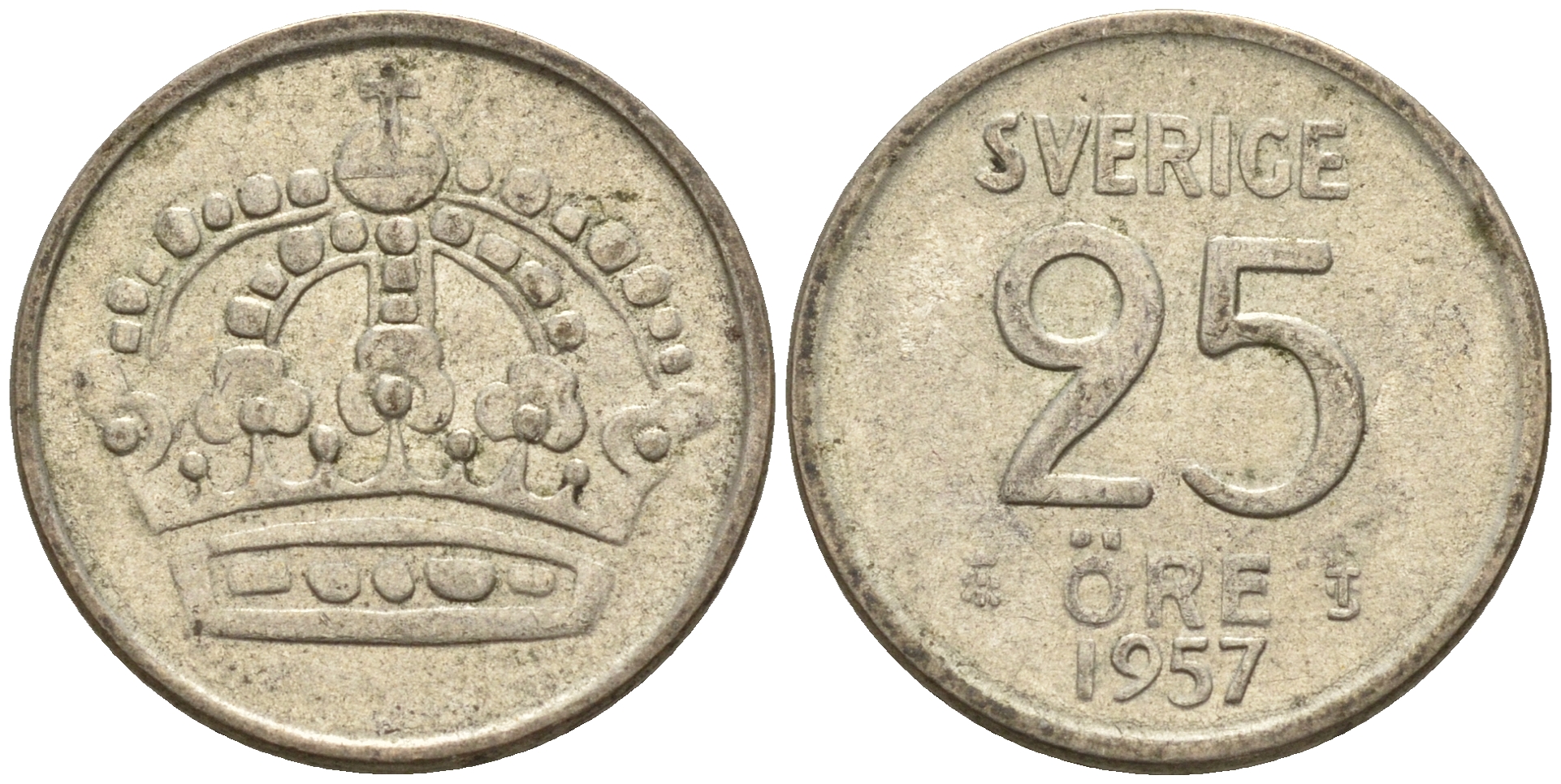 Швеция 25 эре 1957 T;S, Густав VI Адольф (1950-1973) КМ 824 серебро 4160-1249