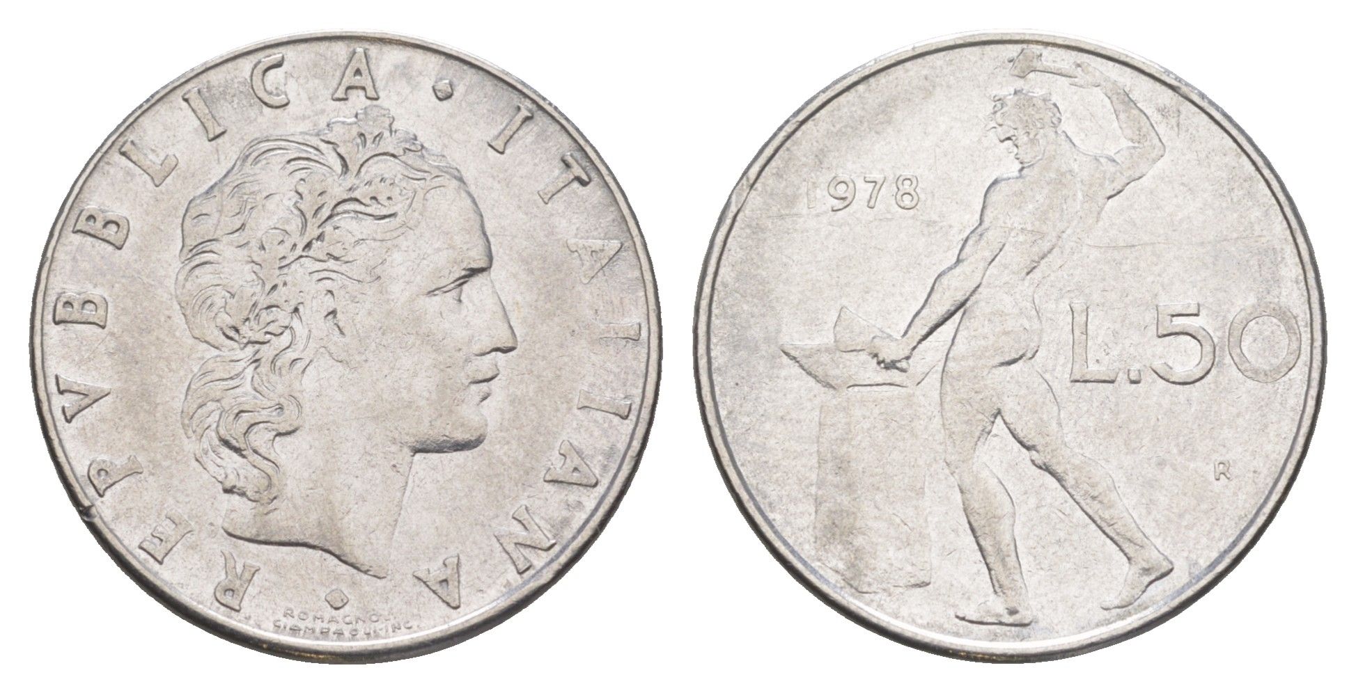 Италия 50 лир 1978 R, бог огня Вулкан у наковальни KM 95.1 нержавеющая сталь 4551-1111