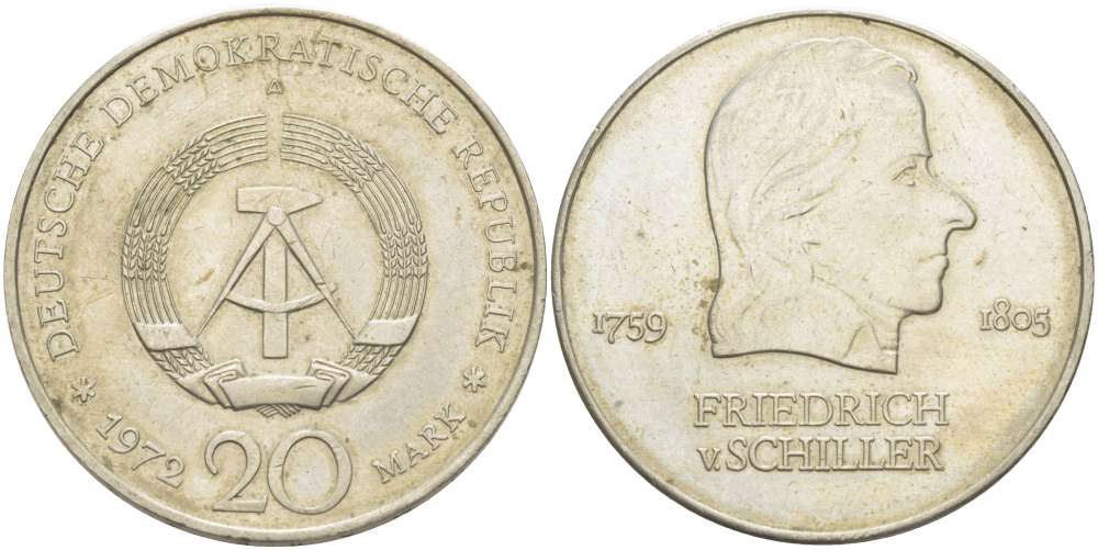 ГДР 20 марок 1972 А, Фридрих Шиллер (1759-1805) KM 40 медно-никель 4521-634