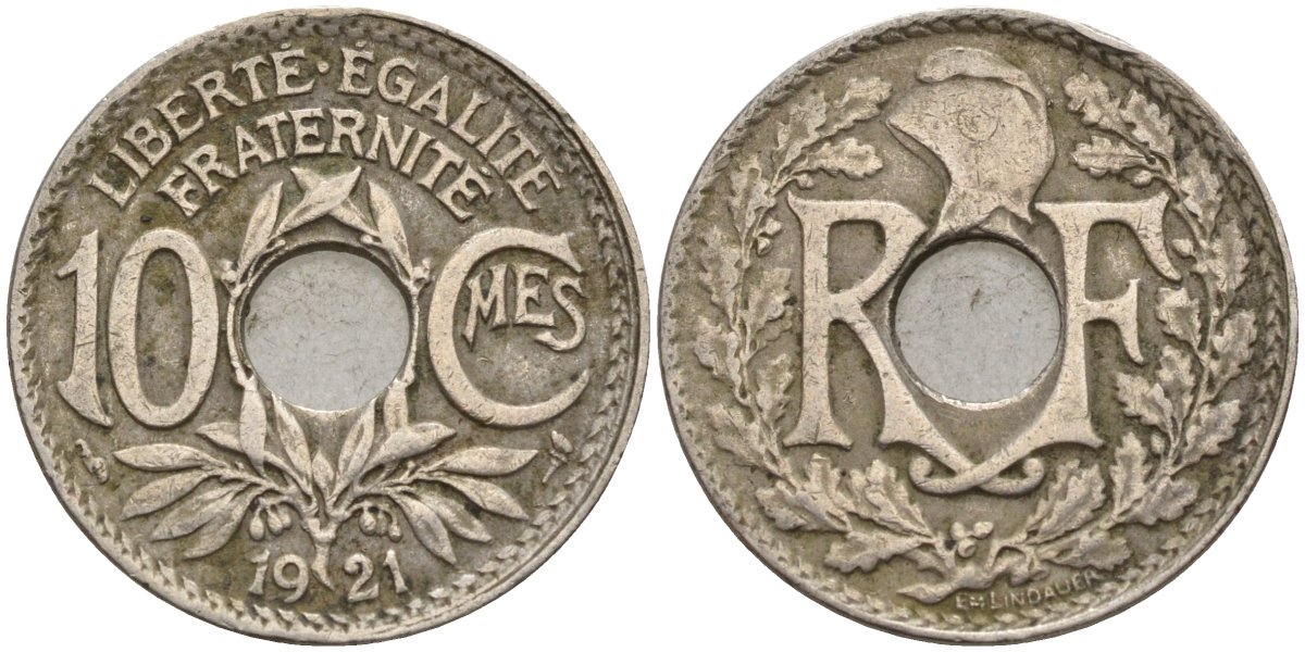 Франция 10 сантимов 1921 тип Линдайё KM 866a, Le Franc 138.3 медно-никель 4143-912