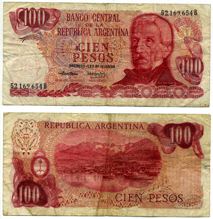 Аргентина 100 песо 1974 серия В 52169 Pick 297, Bottero 2395 бумага 8603-27-2-2