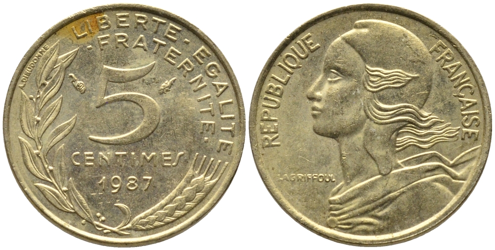 ФРАНЦИЯ 5 САНТИМОВ 1987 ТИП MARIANNE KM 933 медь алюминий никель 99-1122