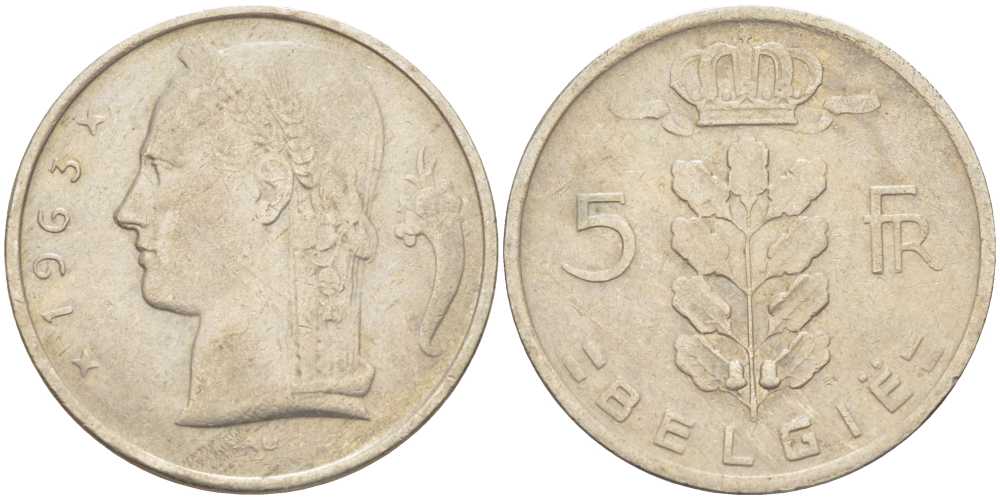 БЕЛЬГИЯ 5 ФРАНКОВ 1963 BELGIE, БОДУЭН I (1951-1993) KM 135.1 медно-никель 202-1154