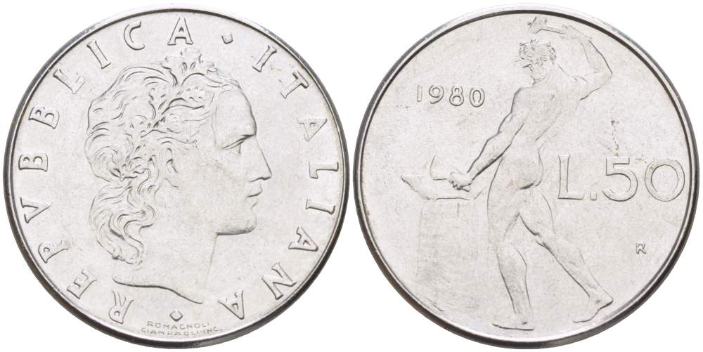 ИТАЛИЯ 50 ЛИР 1980 R, КУЗНЕЦ, ВУЛКАН БОГ ОГНЯ, ДИАМЕТР 25 ММ. KM 95.1 нержавеющая сталь 108-1051