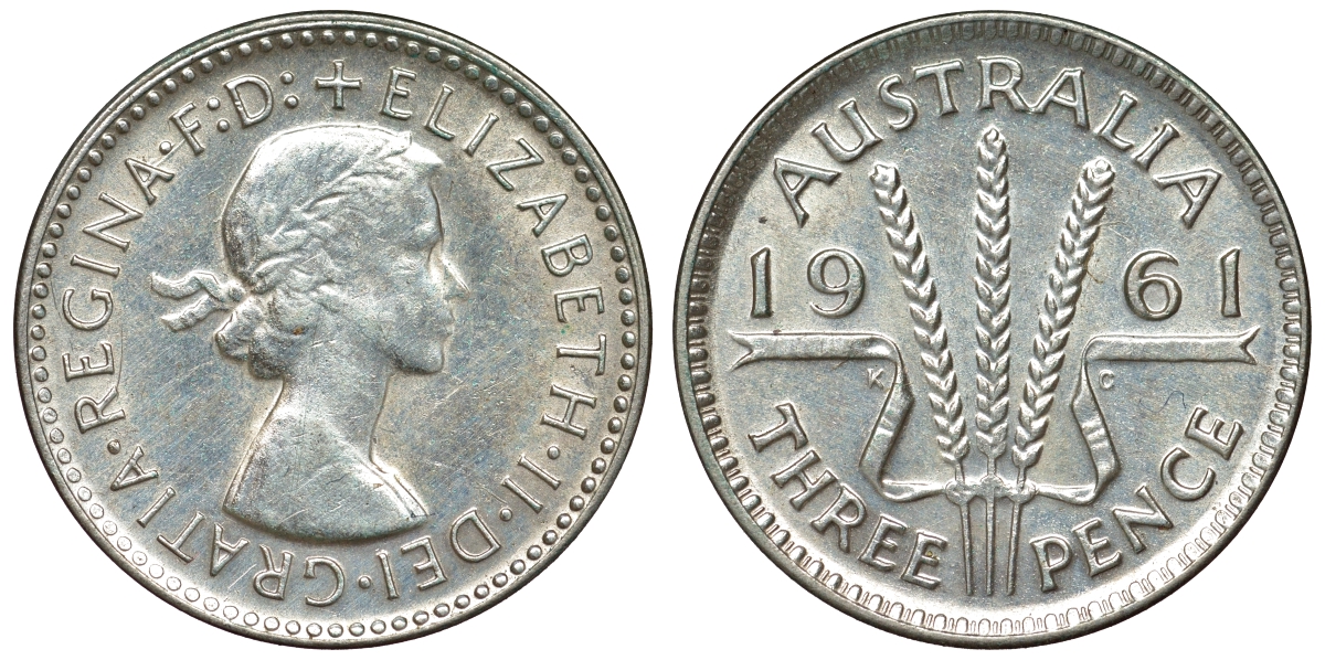 Австралия 3 пенса 1961 m, Елизавета II (1952-2022) KM 57 серебро 71-663