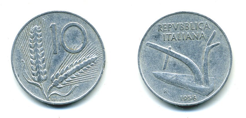 ИТАЛИЯ 10 ЛИР 1956 R, ПЛУГ KM 93 алюминий 23-1157