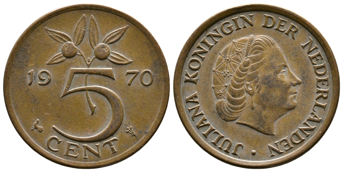 НИДЕРЛАНДЫ 5 ЦЕНТОВ 1970 ЮЛИАНА KM 181 бронза 261-444