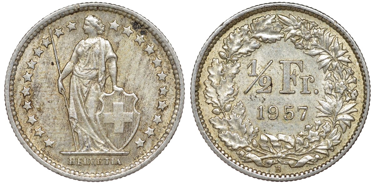 Швейцария 1/2 франка 1957 KM 23 серебро 4174-135