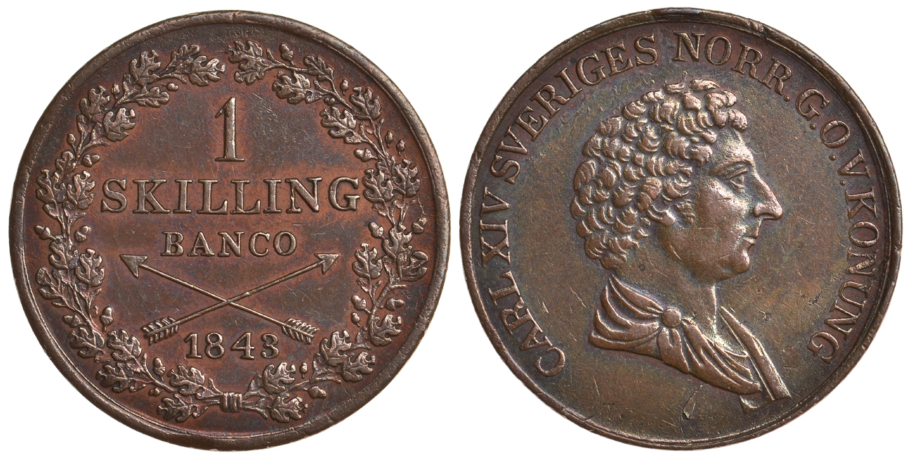 Швеция 1 скиллинг 1843 Карл XIV Юхан (1818-1844) KM 642 медь 4179-1123